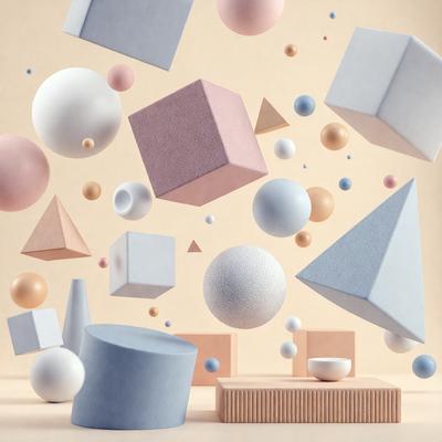 The primary subject of the image is a collection of various geometric shapes, including cubes, balls, and triangles, floating in the air. The setting is a creative and artistic environment, with the shapes and balls scattered throughout the scene. The visual style is a combination of digital art and illustration, creating a vibrant and dynamic atmosphere. The dominant colors are shades of pink, blue, and white, giving the scene a playful and lively mood.